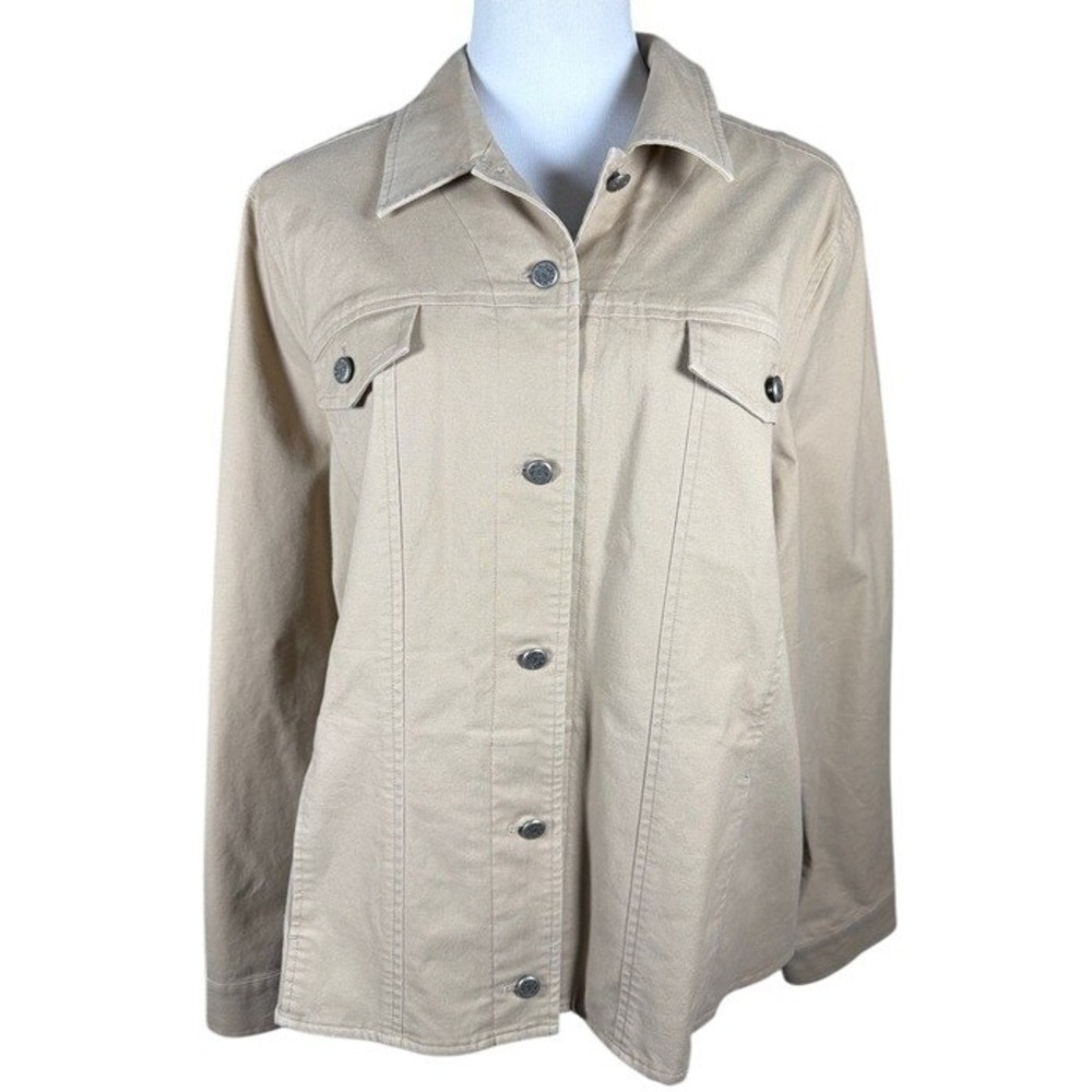 Foxcroft Stretch Tan Khaki Floral‎ Embroidered Button Front Jacket Womens XL